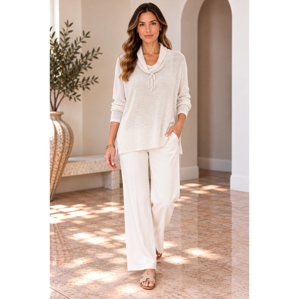 Eileen Fisher L Ivory Organic Linen Cotton Cowl Neck Drawstring Sweater